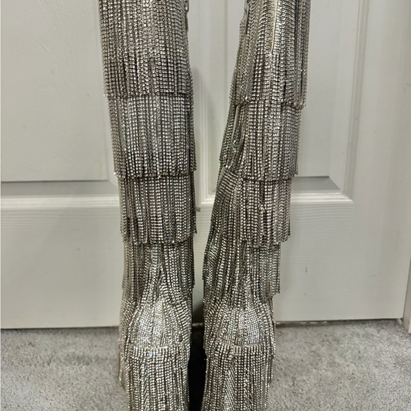 Glamorous Silver Fringe Heeled Boots - Picture 2 of 5